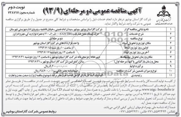 آگهی مناقصه عمومی یک مرحله ای , مناقصه خرید ایستگاه تقلیل فشار فلت 