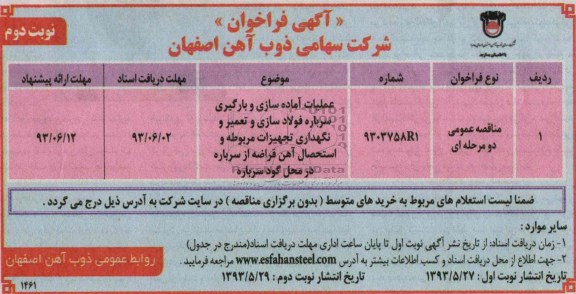 آگهی فراخوان , فراخوان عملیات آماده سازی و باگیری سربره فولاد سازی 