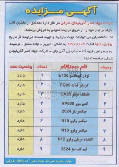 آگهی مزایده, مزایده فروش لودر کوماتسو