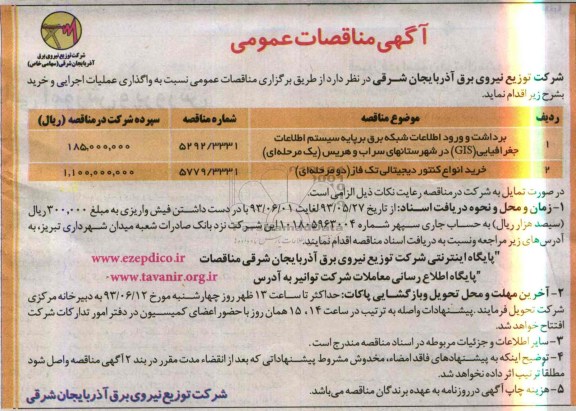 آگهی مناقصات عمومی , مناقصه برداشت و ورود اطلاعات شبکه برق بر پایه سیستم اطلاعات جغرافیایی GIS و ...
