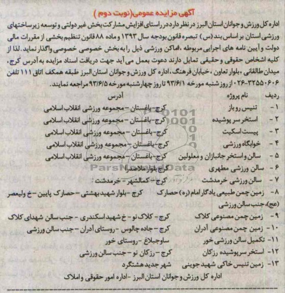 آگهی مزایده عمومی, مزایده اجاره اماکن ورزشی
