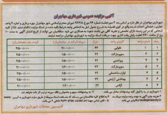 آگهی مزایده عمومی,مزایده بهره برداری و اجاره 7 واحد تجاری ، خدماتی