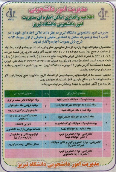 آگهی مزایده, مزایده اماکن اجاره ای مدیریت امور دانشجویی