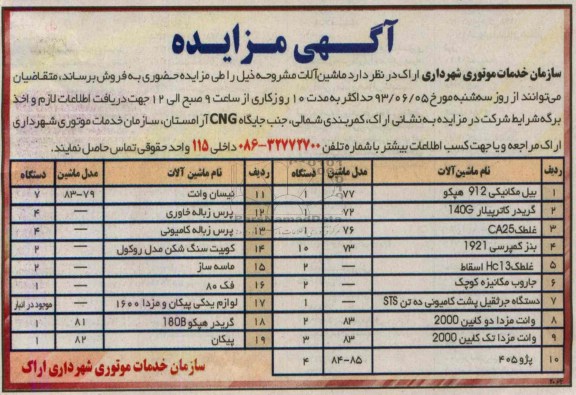 مزایده , مزایده ماشین آلات