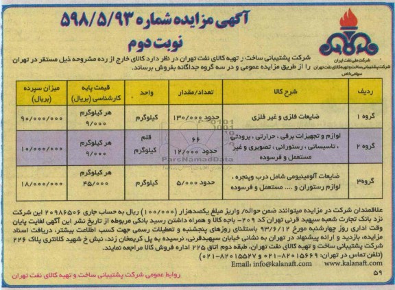 آگهی مزایده,مزایده ضایعات فلزی و غیرفلزی، لوازم تجهیزات برقی و ...
