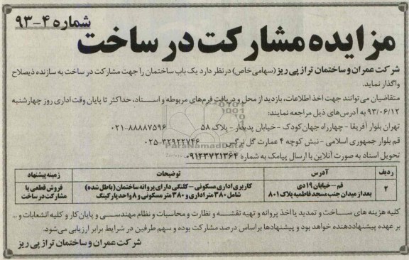 مزایده, مزایده مشارکت در ساخت
