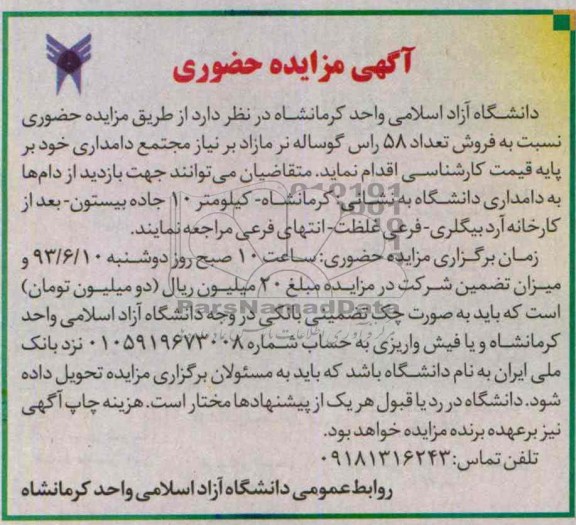 آگهی مزایده حضوری, مزایده فروش تعداد 58 راس گوساله نر