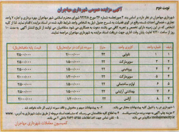 آگهی مزایده عمومی,مزایده بهره برداری و اجاره 7 واحد تجاری ، خدماتی