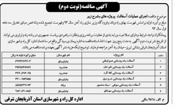 آگهی مناقصه , مناقصه آسفالت راه روستایی 