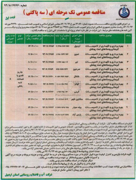 مناقصه عمومی تک مرحله ای سه پاکتی, مناقصه بهره برداری و نگهداری از تاسیسات 
