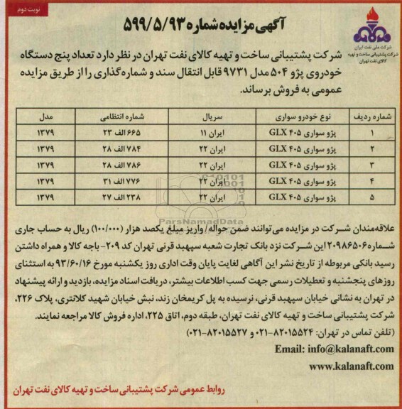 مزایده , مزایده تعداد پنج دستگاه خودروی پژو 405