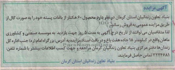 آگهی مزایده , مزایده محصول 60هکتار از باغات پسته 
