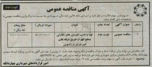 آگهی مناقصه عمومی,مناقصه تهیه و نصب دوربین های نظارتی