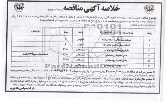 خلاصه آگهی مناقصه, مناقصه عملیات شن ریزی جاده جنگلی 