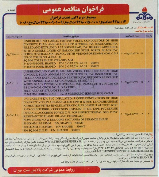 UNDER GROUND CABLEفراخوان مناقصه عمومی , فراخوان 
