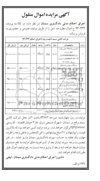 مزایده اموال منقول , مزایده اموال منقول ماشین رابط TGV