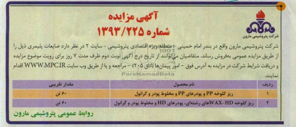 آگهی مزایده, مزایده ضایعات پلیمری