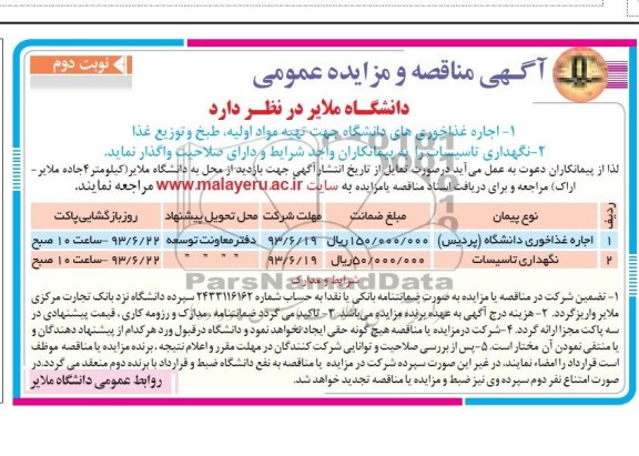 آگهی مناقصه عمومی, آگهی مناقصه یا مزایده اجاره غذاخوری
