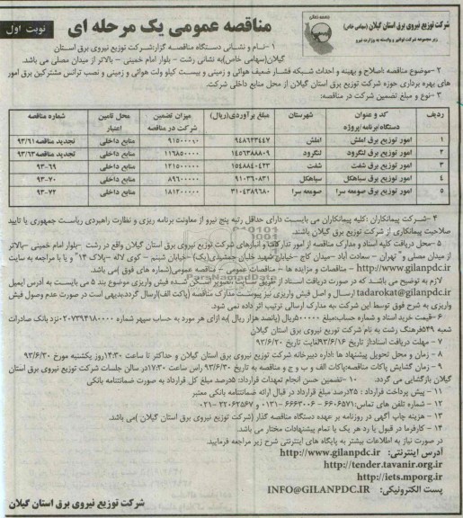 مناقصه عمومی یک مرحله ای , مناقصه اصلاح و بهینه و احداث شبکه فشار ضعیف هوائی و زمینی 