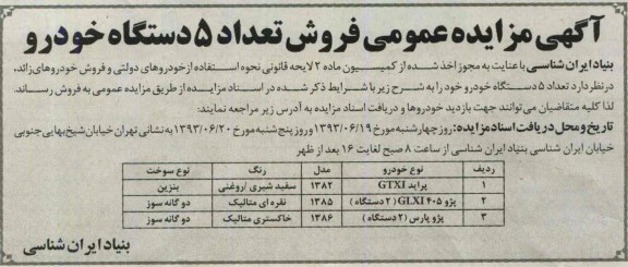 مزایده عمومی , مزایده عمومی فروش تعداد 5 دستگاه خودرو