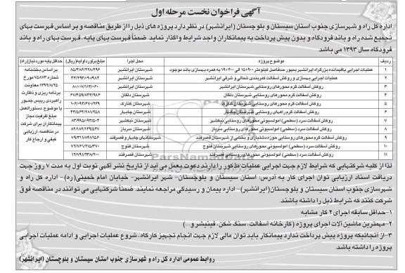 آگهی فراخوان نخست , مناقصه عملیات اجرایی باقیمانده بزرگراه 