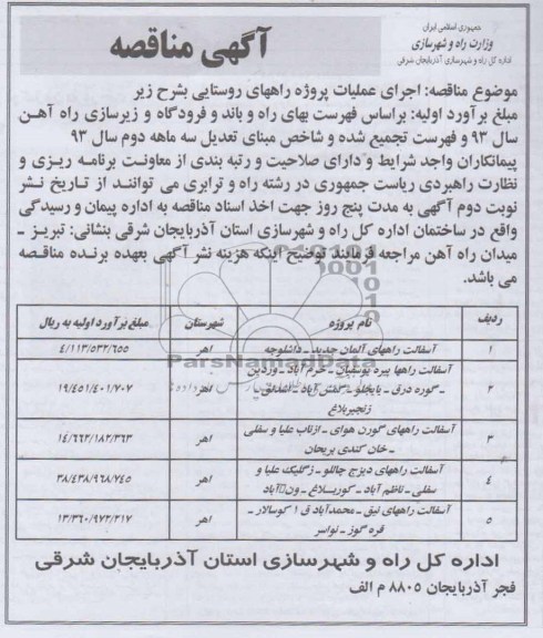 آگهی مناقصه , مناقصه آسفالت راههای آلمان جدید و ...