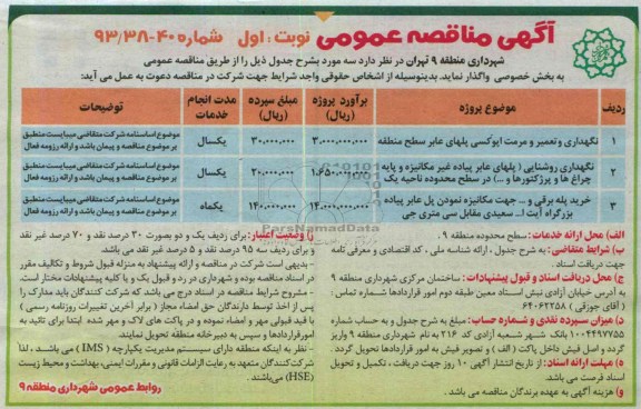 مناقصه عمومی , مناقصه نگهداری و تعمیر و مرمت اپوکسی پلهای عابر 