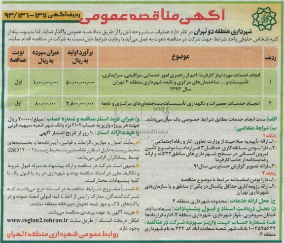 آگهی مناقصه عمومی , مناقصه انجام خدمات مورد نیاز کارفرما اعم از راهبری امور خدماتی ، مراقبتی ، سرایداری 