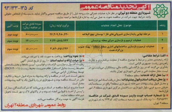 آگهی تجدید مناقصه عمومی, مناقصه مرحله نهایی پایدارسازی شیروانی و ...