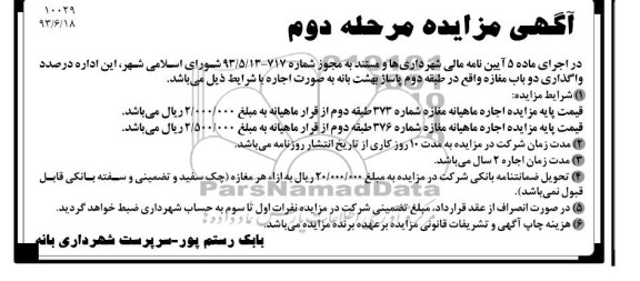 آگهی مزایده, مزایده 2 باب مغازه