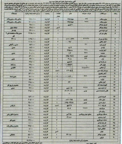 مزایده اموال منقول/ غیرمنقول , مزایده اموال منقول/ غیرمنقول موتورسیکلت ، کپسول هوا گاز و ...