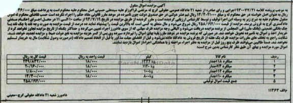 مزایده اموال منقول , مزایده اموال منقول میلگرد 118 جدار
