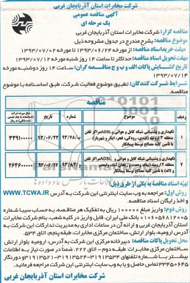 آگهی مناقصه عمومی,مناقصه نگهداری و پشتیبانی شبکه کابل و هوائی و adsl