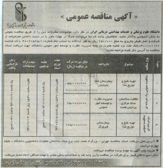 مناقصه عمومی , مناقصه عمومی تهیه ، طبخ و توزیع غذا