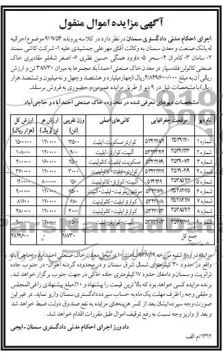 مزایده اموال منقول , مزایده اموال منقول مقادیری خاک صنعتی کائولن فلدسپار
