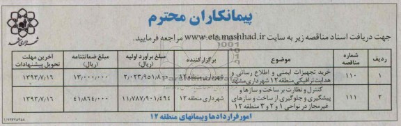 پیمانکاران مناقصه, پیمانکاران خرید تجهیزات ایمنی و اطلاع رسانی و هدایت ترافیکی 