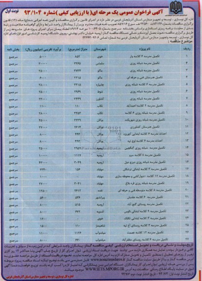 آگهی فراخوان عمومی یک مرحله ای, مناقصه تکمیل مدرسه