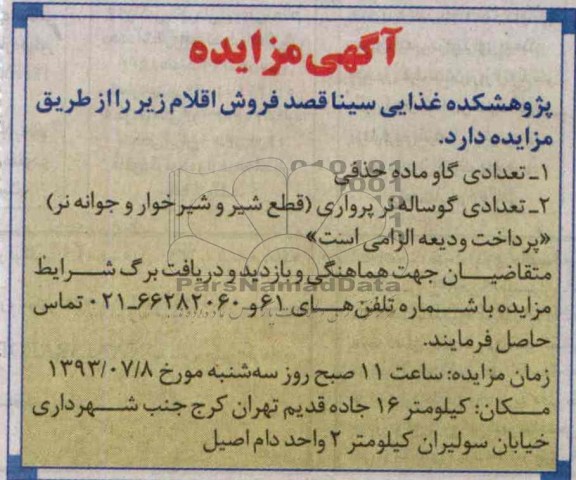 مزایده , مزایده تعدادی گاو ماده حذفی