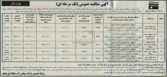 مناقصه عمومی تک مرحله ای , مناقصه عمومی تک مرحله ای  واگذاری خدمات خودرویی (حمل و نقل)