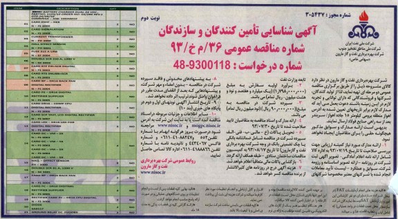 آگهی مناقصه, مناقصه تهیه قطعات یدکی باتری شارژر