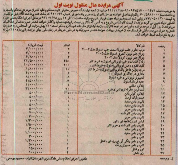 درب جلو و عقب تویوتا , مزایده درب جلو و عقب تویوتا