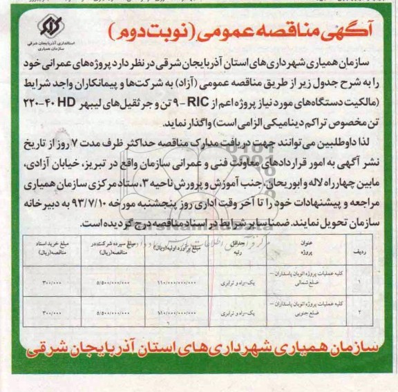 آگهی مناقصه عمومی, مناقصه کلیه عملیات پروژه اتوبان پاسداران 
