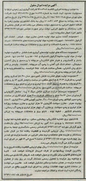 مزایده اموال منقول , مزایده اموال منقول مجموعه آماده سازی مواد اولیه