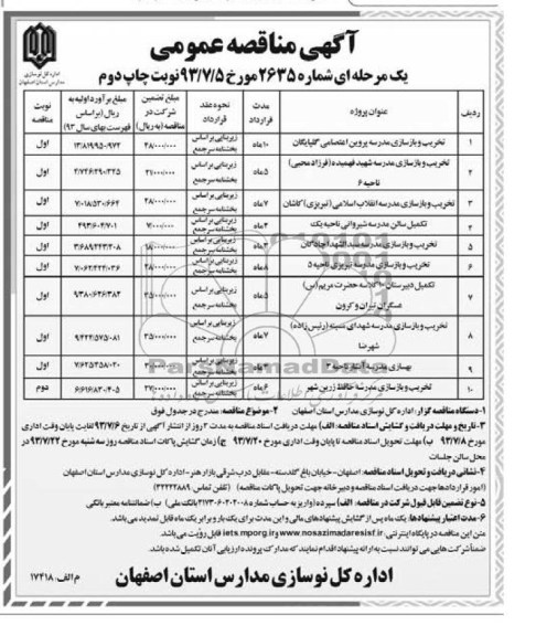 آگهی مناقصه عمومی, مناقصه تخریب و بازسازی مدرسه