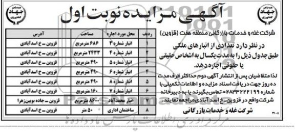 مزایده , مزایده تعدادی از انبارهای ملکی