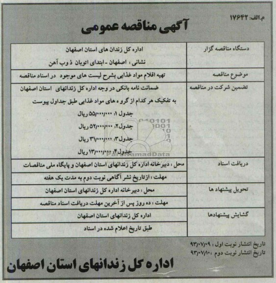مناقصه عمومی , مناقصه تهیه اقلام مواد غذایی 