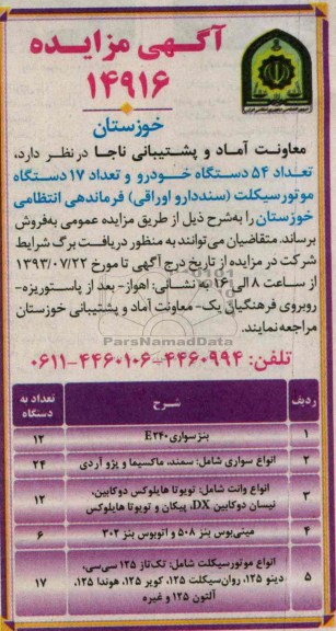 آگهی مزایده,مزایده تعداد 54 دستگاه خودرو،17 دستگاه موتورسیکلت