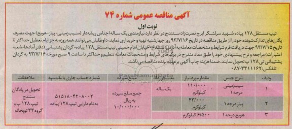 مناقصه عمومی , مناقصه نیازمندی یک ساله اجناس ریشه دار 