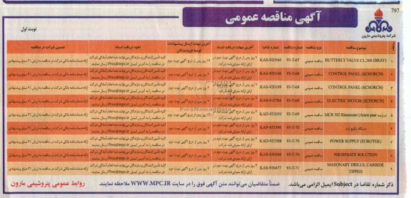 مناقصه عمومی , مناقصه عمومی BUTTERLY VALVE CL.300 BRAY