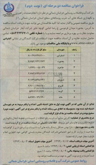 فراخوان مناقصه دو مرحله ای , فراخوان مناقصه دو مرحله ای انجام عملیات راهبری و نگهداری شبکه های آب شرب